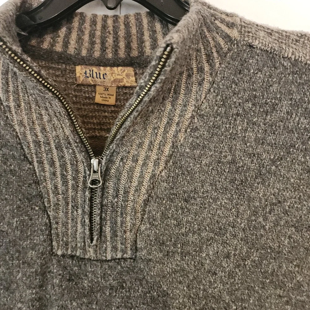 C73 Blue Pronto‎ Uomo Mens 3X 100% Wool Quarter Zip Pullover Sweater Brown Tan
